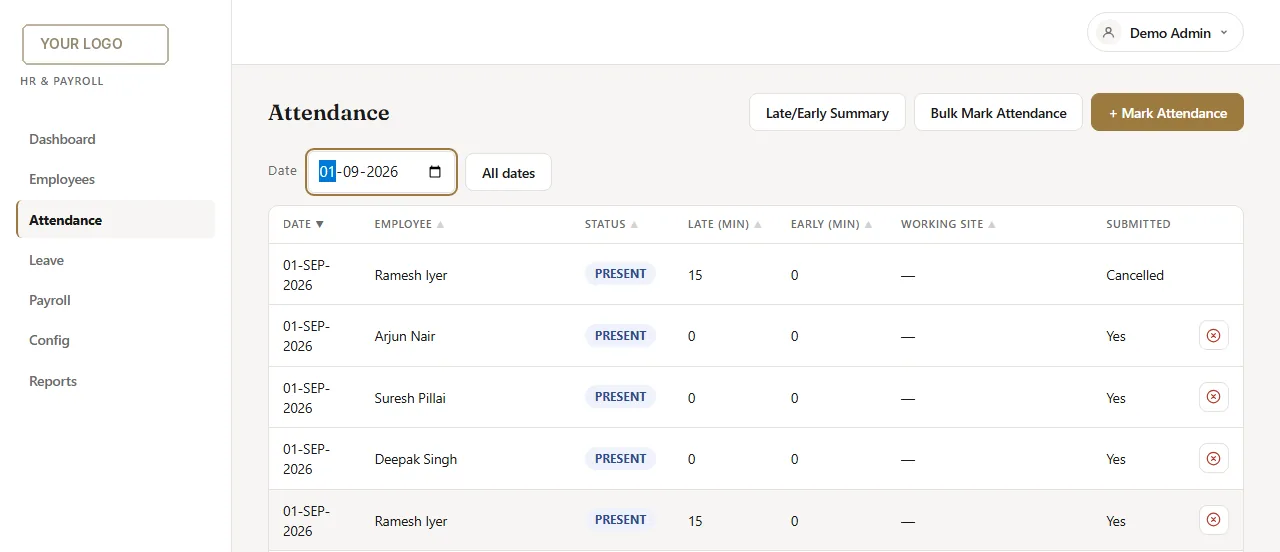 Daily attendance list with status, late minutes and working site