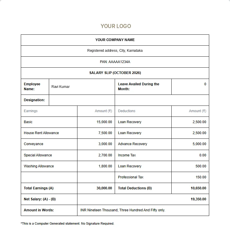 Generated salary slip showing earnings, deductions including professional tax and loan recovery, and net salary