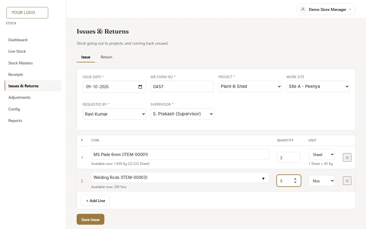 Stock issue screen: material issued to a project against a Material Request form, with requester and supervisor recorded